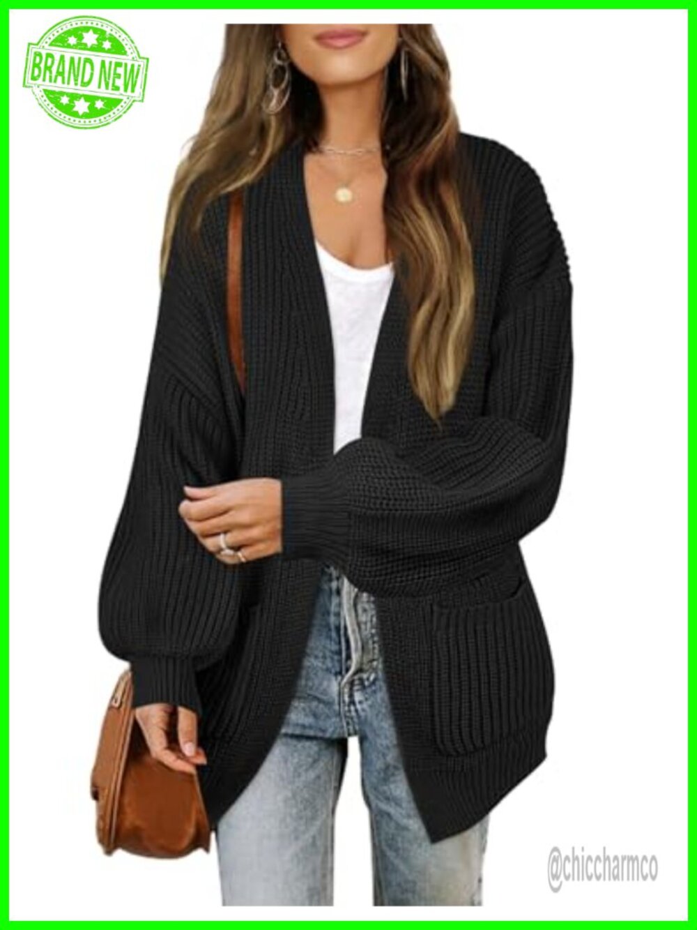 Oversized Lantern Sleeve Open Front Cardigan Sweater Loose Knit
